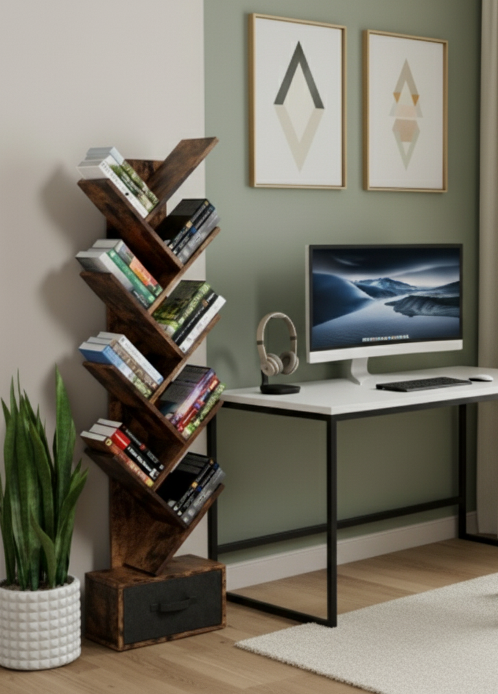 9-Tier Tree Bookshelf with Drawer, Free Standing Storage Organizer