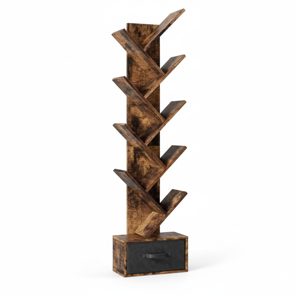9-Tier Tree Bookshelf with Drawer, Free Standing Storage Organizer