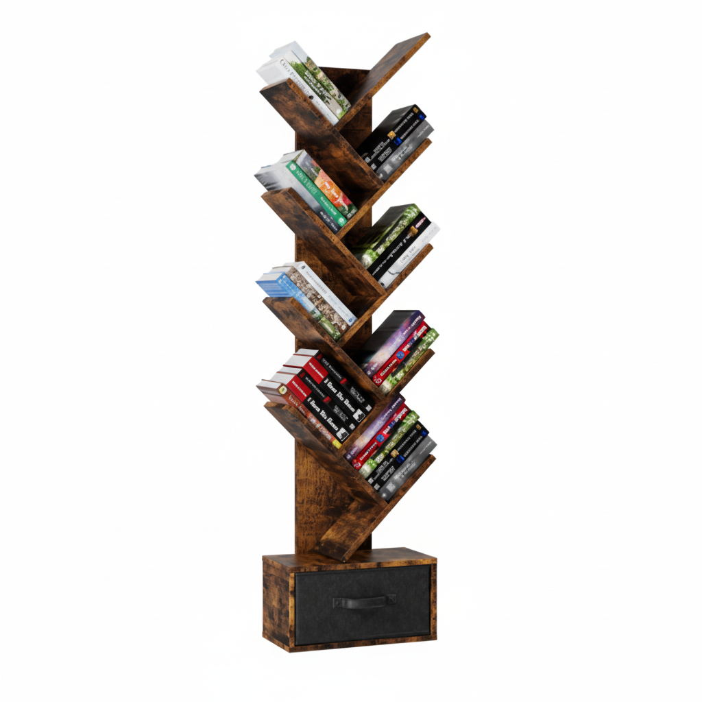 9-Tier Tree Bookshelf with Drawer, Free Standing Storage Organizer