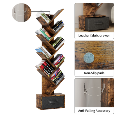 9-Tier Tree Bookshelf with Drawer, Free Standing Storage Organizer