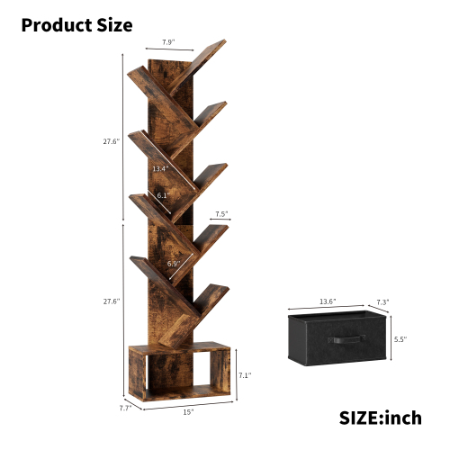9-Tier Tree Bookshelf with Drawer, Free Standing Storage Organizer