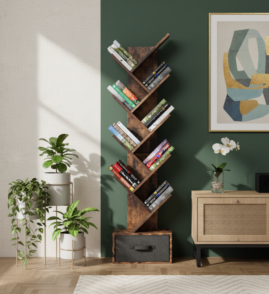 9-Tier Tree Bookshelf with Drawer, Free Standing Storage Organizer