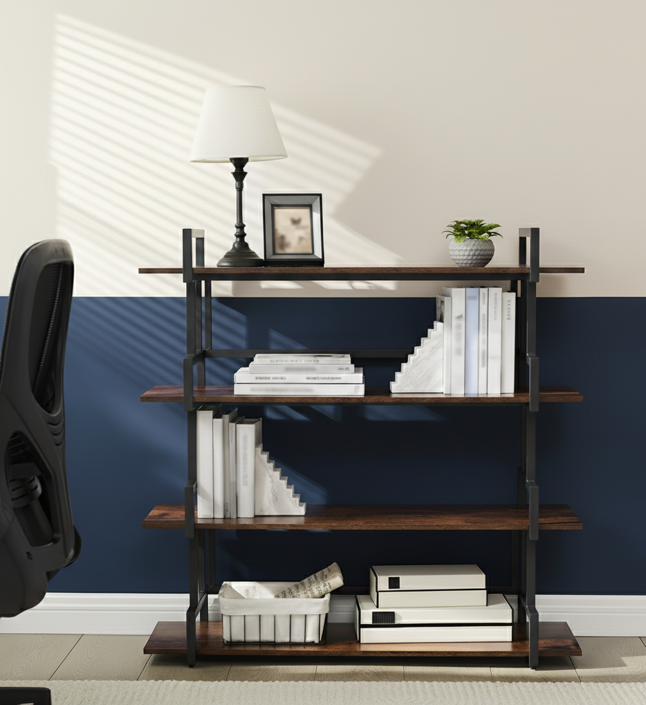 4-Tier Bookshelf, Open Shelves, Metal and Wood