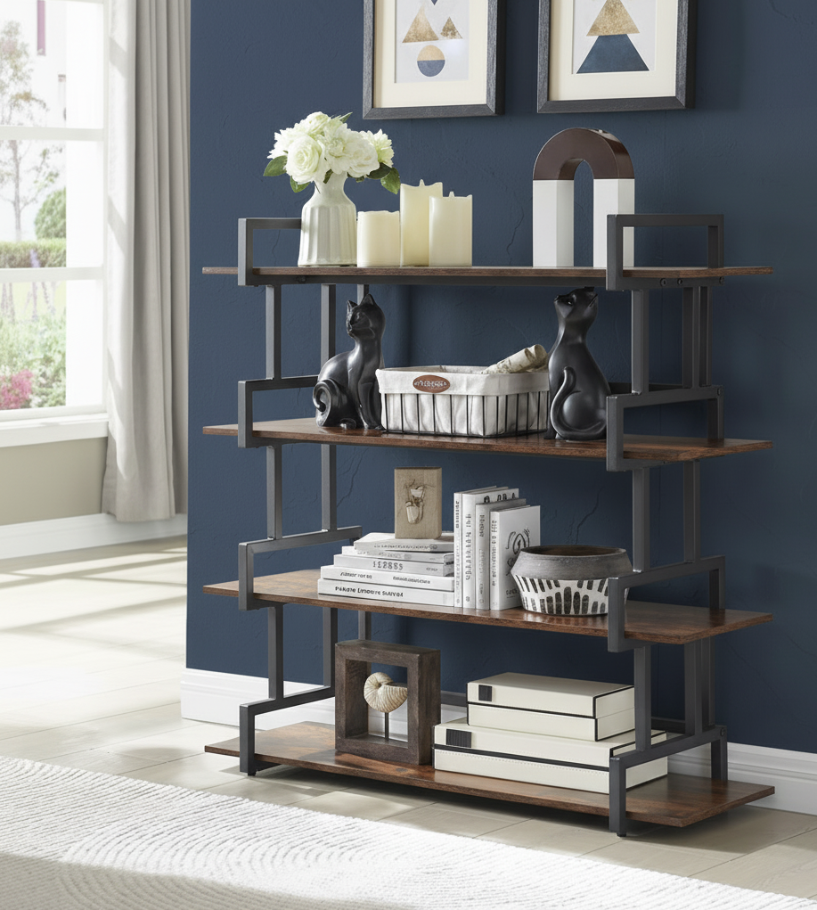 4-Tier Bookshelf, Open Shelves, Metal and Wood