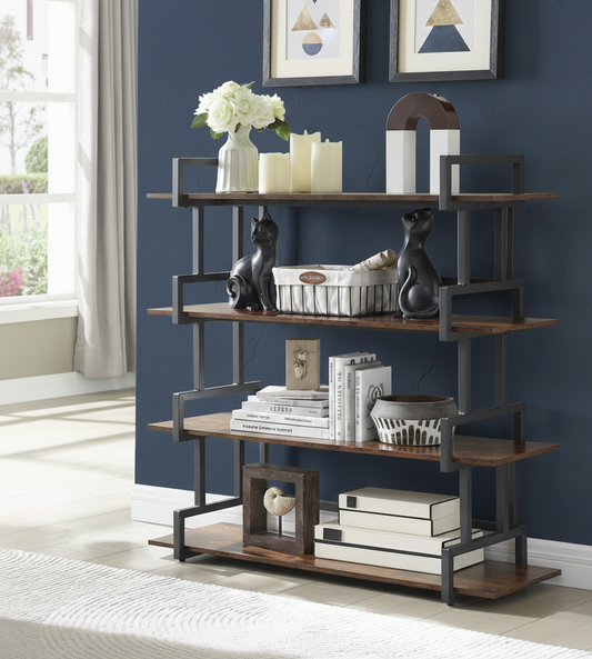 4-Tier Bookshelf, Open Shelves, Metal and Wood