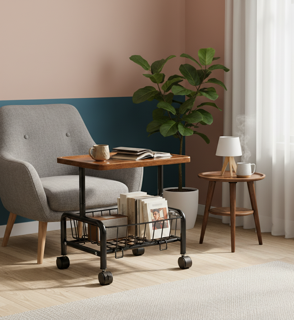 Coffee Table with Storage Basket and Wheels